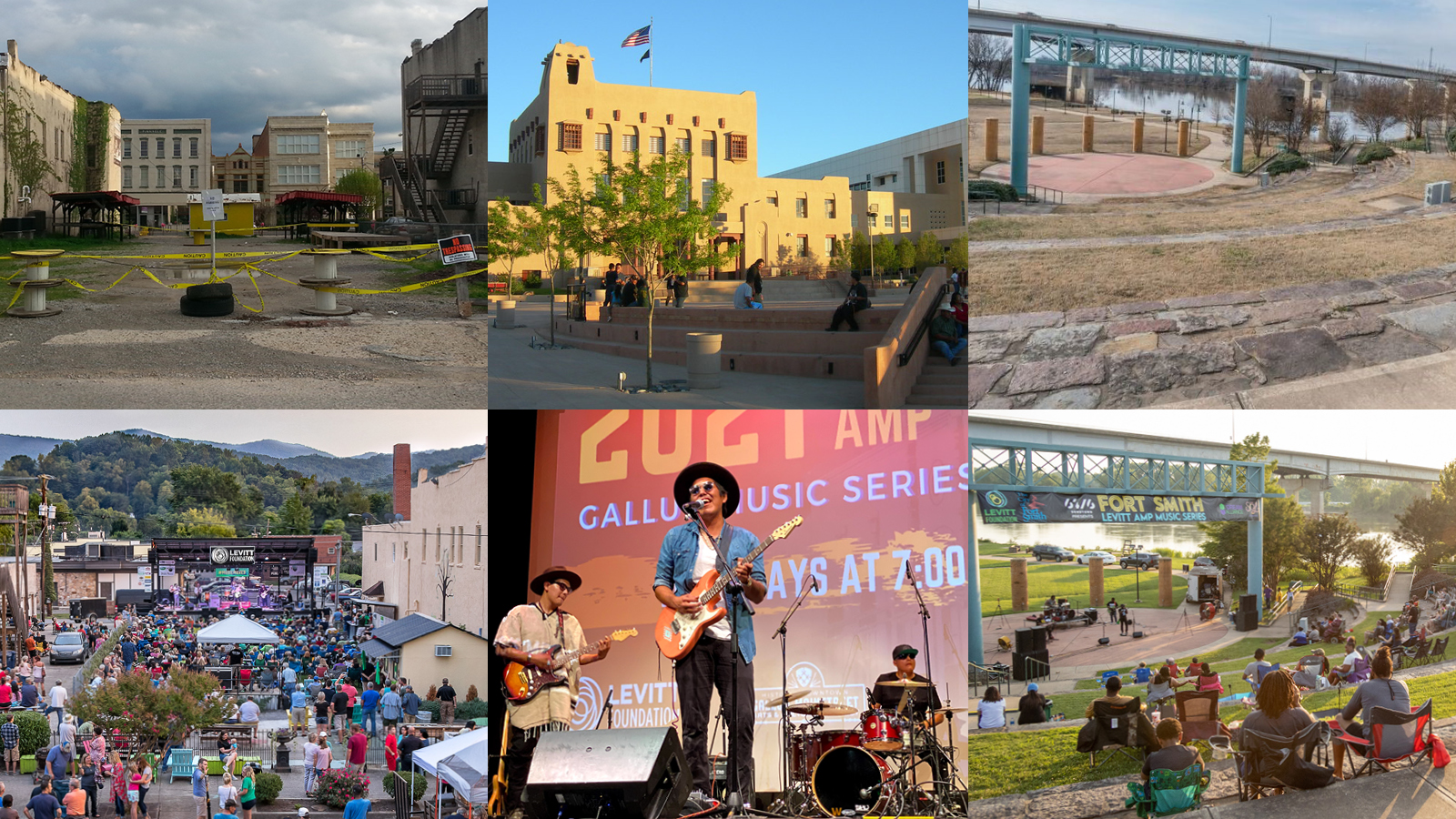 Collage featuring images from Levitt AMP concerts in Middlesboro, Gallup and Fort Smith