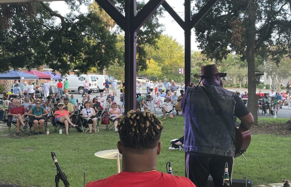 Image shows two Black male musicians are shown from behind, playing instruments to a diverse crowd of concert attendees sitting on a green lawn.