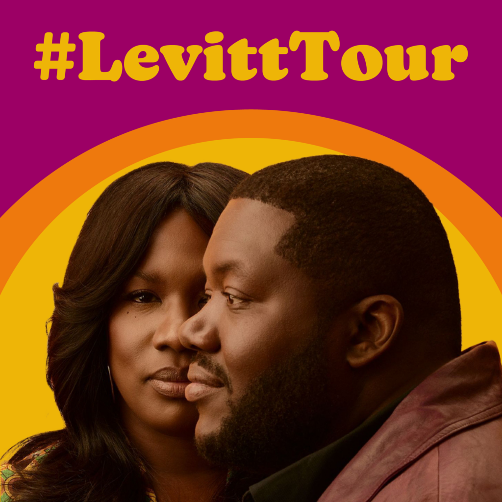 A graphic featuring a closeup shot of husband-and-wife duo Michael Trotter Jr. and Tanya Trotter, aka The War and Treaty, on a yellow, orange, and magenta background with the words #LevittTour.